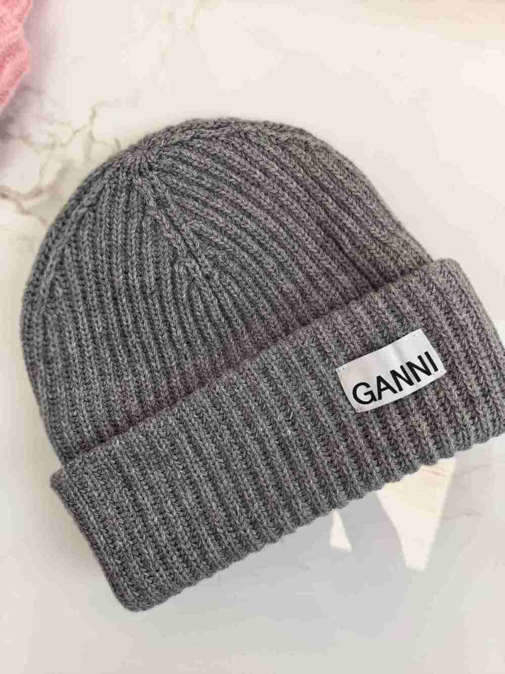 GANNI Grey Ribbed Knitted Cuffed Beanie Classic Logo Winter Warm Hat
